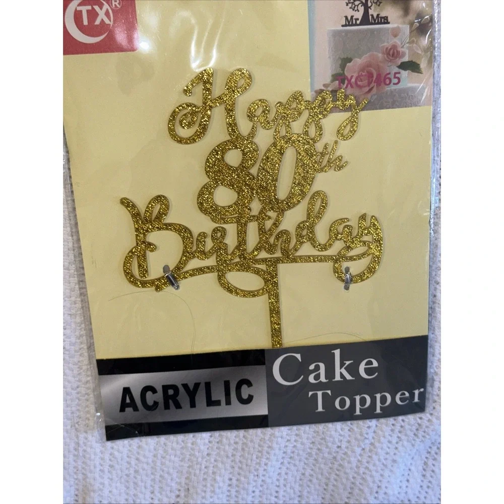 80th Birthday Cake Topper Double Side Glitter Gold Birthday Decorations NEW